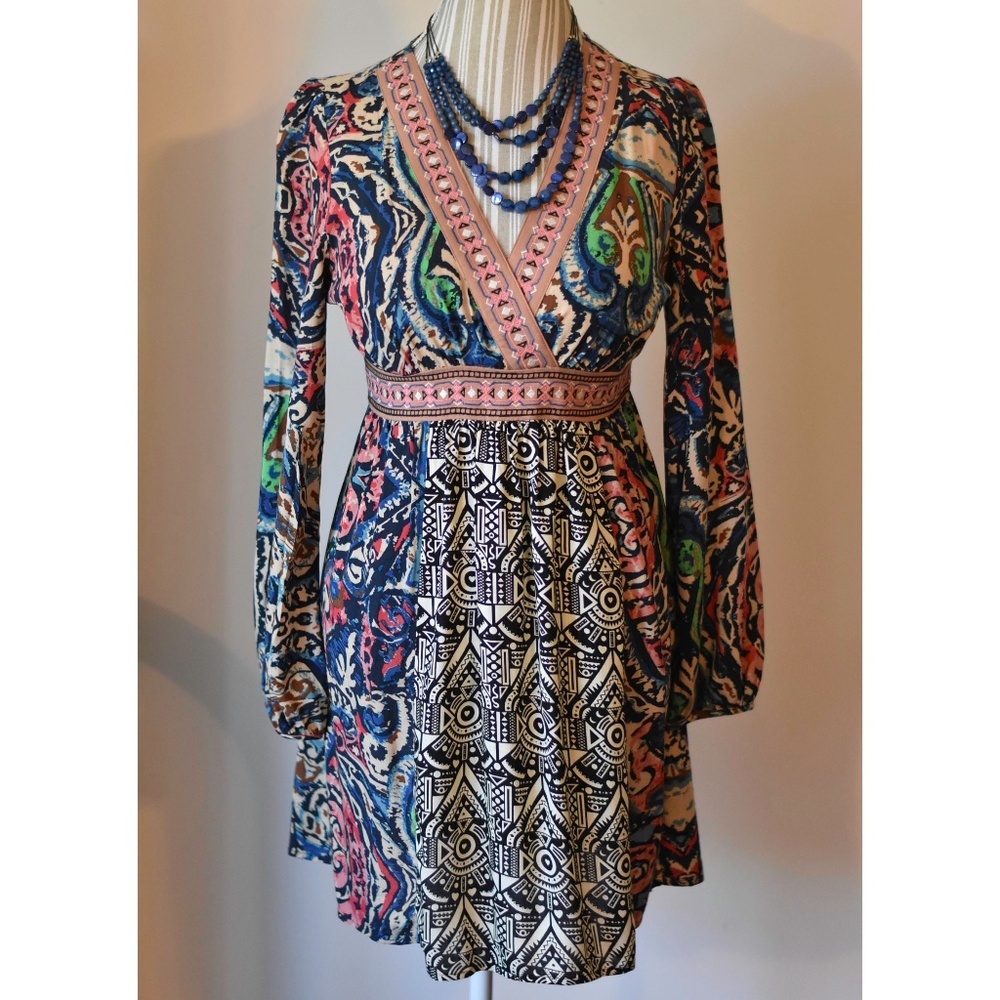 Flying Tomato Blue Red & Tan V Neck Dress EUC Lg